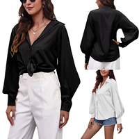 new fashion womens solid color turn down collar long puff sleeve button down shirt office lady tops for spring fall