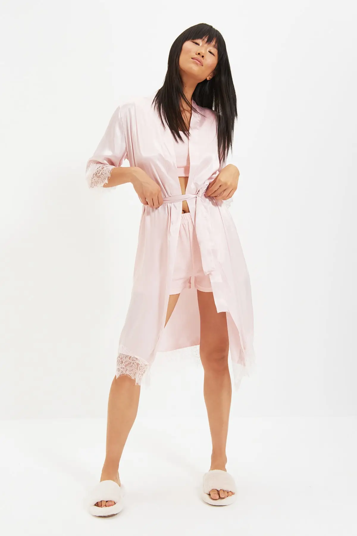 

Powder Satin Lace Detail Kimono Kaftan Free Shipping