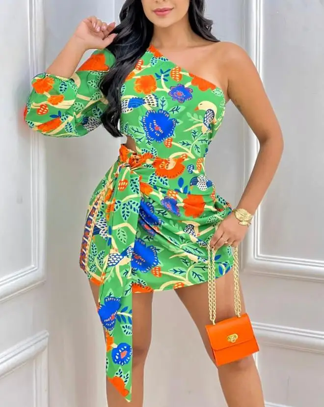 

Sexy Vacation Summer Tow Piece Set for Women Outfit 2023 Plants Print One Shoulder Long Sleeve Top & Tied Detail Mini Skirt Set