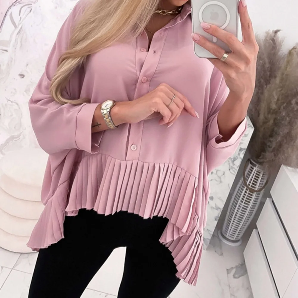 

Woman's Blouse Pink Sweet Long Bat Sleeve Autumn Loose Women Cloth Chiffon Shirt Casual Fashion Elegant Lady Office Tops 2021