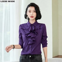 womens long sleeve ruffle shirt solid purple white korean slim chiffon ol work shirts blouses office women formal tops clothes