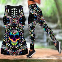 new summer women fashion skull tattoo printed casual sport yoga suit stretch leggings and out tank top suit xs 8xl