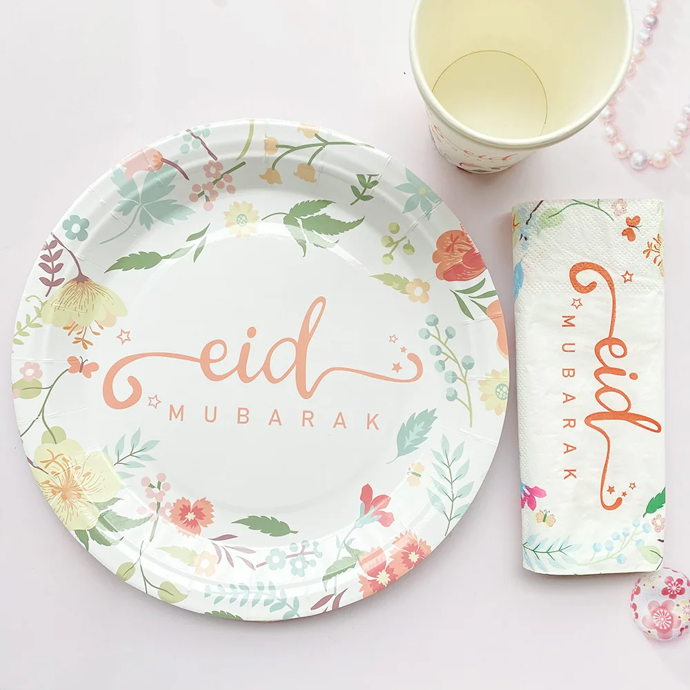 

Flower Pink EID Mubarak Ramadan Decoration 2022 Paper Plate Cup Muslim Islamic Festival Party Supplies Ramadan Kareem Decor