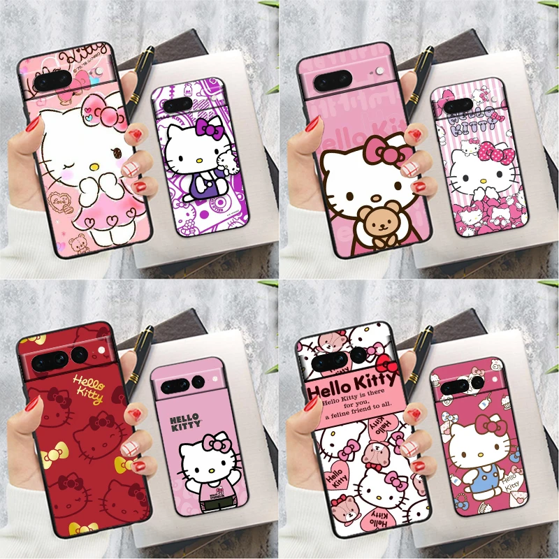 

Cartoon HelloKitty For Google Pixel 8 7 6 6A 5 4 5A 4A XL Pro 5G Silicone Shockproof Soft TPU Black Phone Case Cover Coque Capa