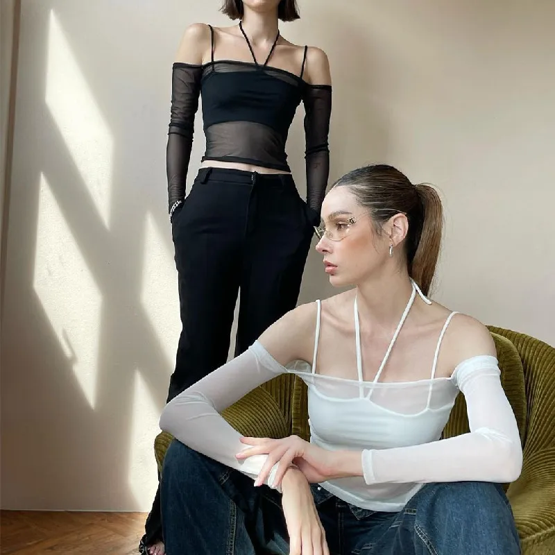 

Sexy Mesh Tops for Women Black White Slash Neck Off Shoulder Long Sleeve T Shirt Spaghetti Strap Crop Tee Lady Party Clothes