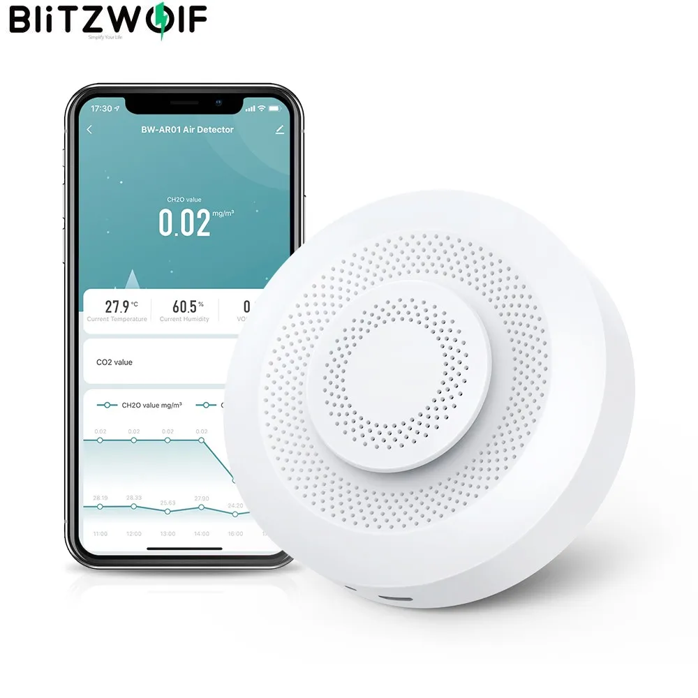 

BlitzWolf BW-AR01 2.4GHz Wi-Fi Air Quality Detector with Temperature, Humidity, Formaldehyde, VOCs & CO2 Track 5 in 1 Air Sensor