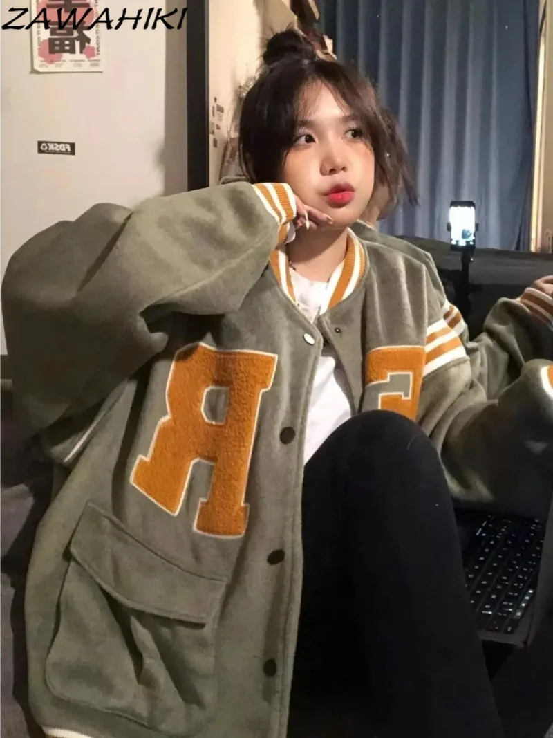 

Куртка Женская весенне-осенняя в стиле оверсайз, универсальная Свободная Повседневная Верхняя одежда с надписью и вышивкой на пуговицах, контрастных цветов