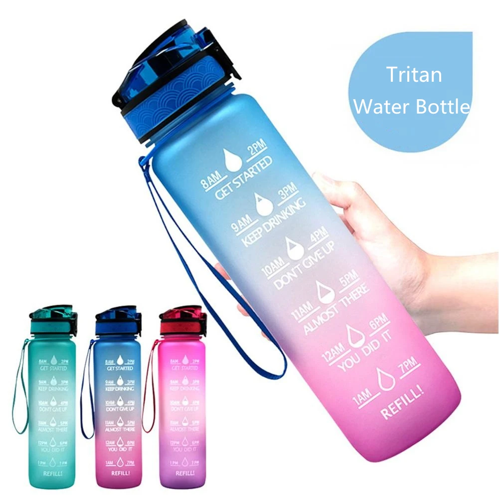 

1L Tritan Materiaal Water Fles Met Bounce Cover Tijd Schaal Herinnering Frosted Lekvrij Cup Voor Outdoor Sport Fitness