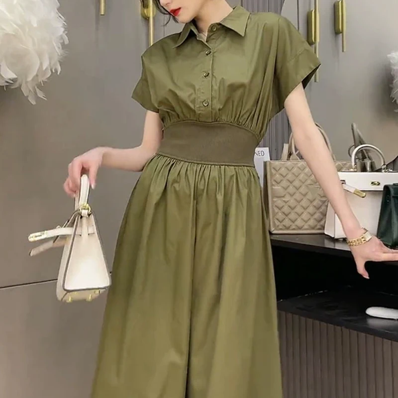 

Женское лоскутное платье-рубашка с коротким рукавом, зеленое однотонное повседневное офисное платье-трапеция с поясом на резинке и отложным воротником, D641, на лето