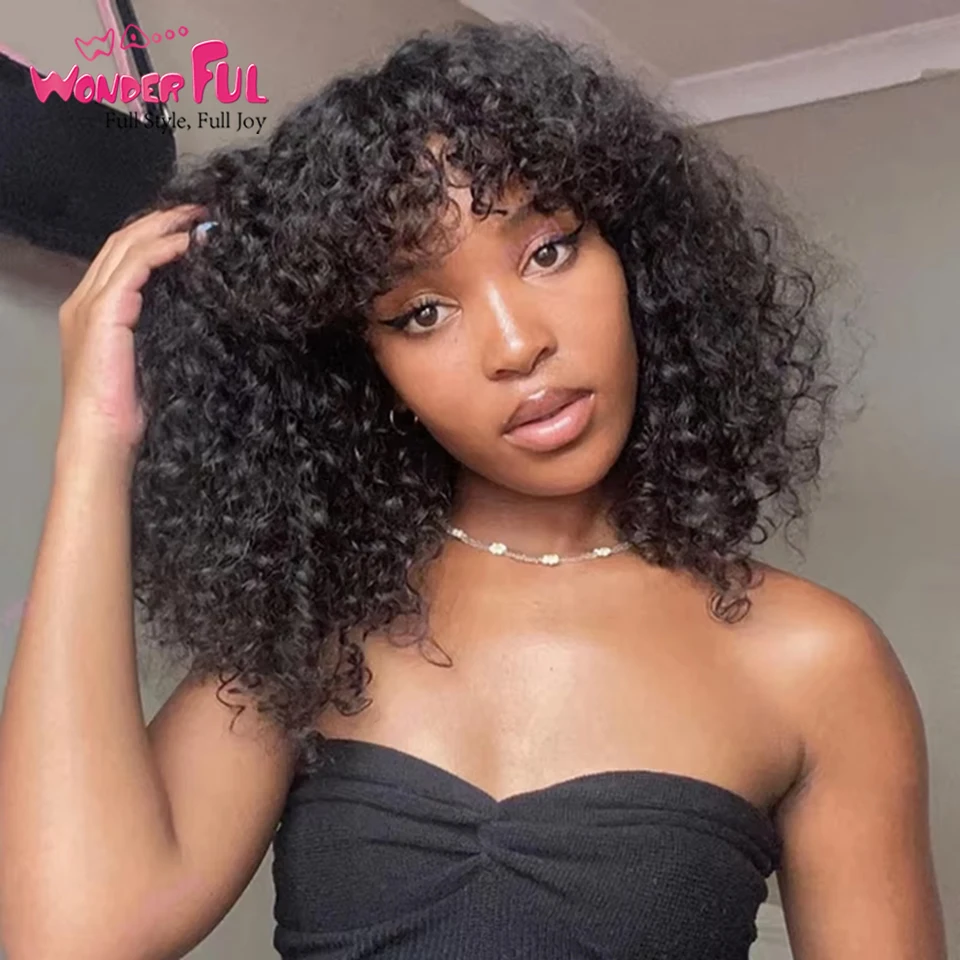 Черные короткие бразильские вьющиеся парики Remy с челкой Jerry Curl Bob Парики 100%