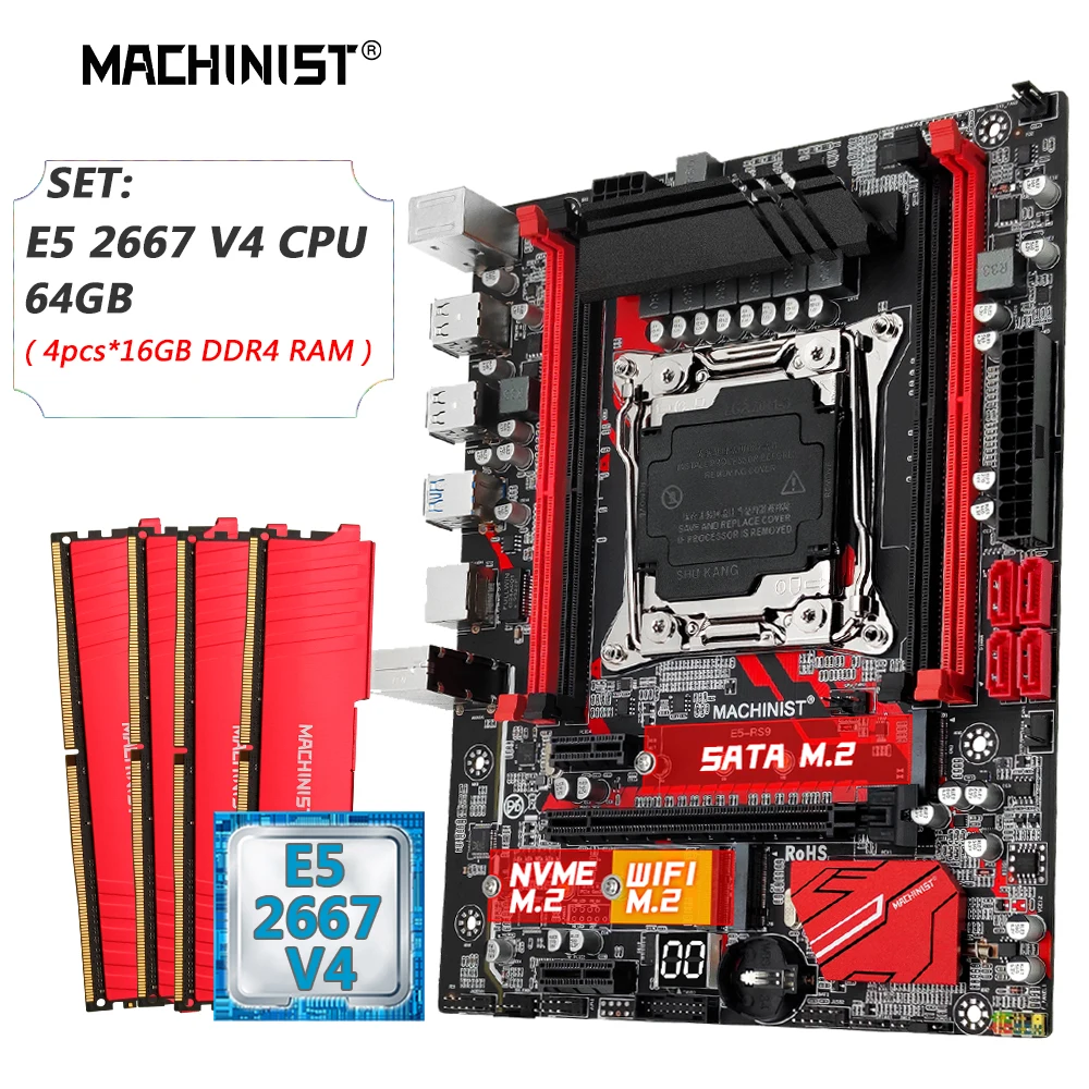 

MACHINIST X99 материнская плата Combo LGA 2011-3 Xeon E5 2667 V4 комплект ЦП DDR4 4*16 ГБ = 64 Гб ОЗУ память NVME SATA M.2 USB 3,0 четыре канала