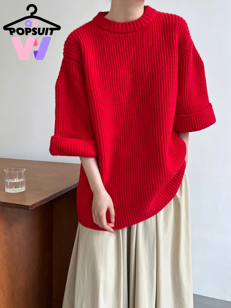 

Женский вязаный свитер с круглым вырезом, с рукавом до локтя