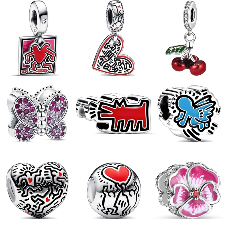 Fit Original Pandora Charms Bracelet Jewelry New 925 Silver Red Barking Dogs Dance Run Jump People Heart Shining Angel DIY Beads