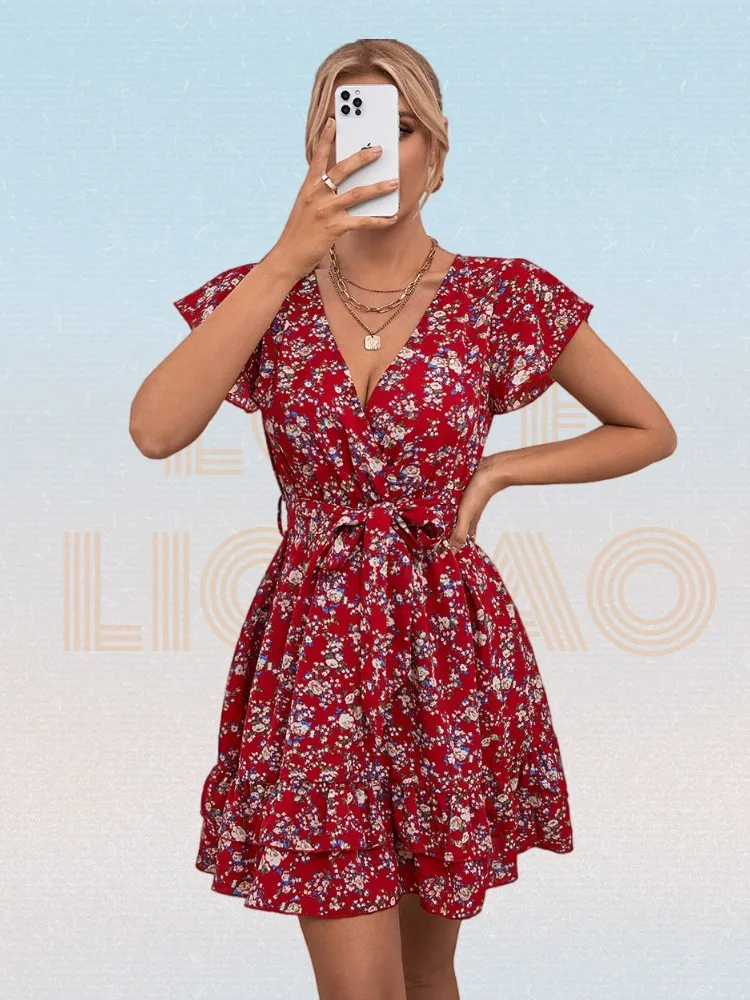 

Ditsy Floral Print Short Sleeve Ruffle Hem Belted Dress Summer Sexy Red Deep V Neck Boho Dress Women Robe Femme Short Dress