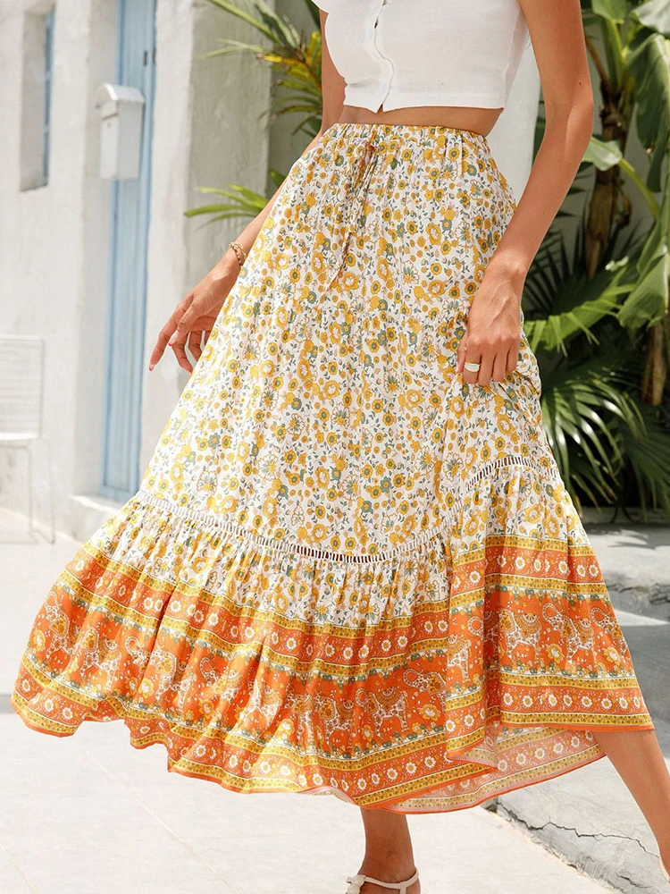 Vintage Boho Long Skirts Women Summer Fashion Floral Print Pleated Skirts Elegant Casual Loose High Waist Holiday Beach Skirt