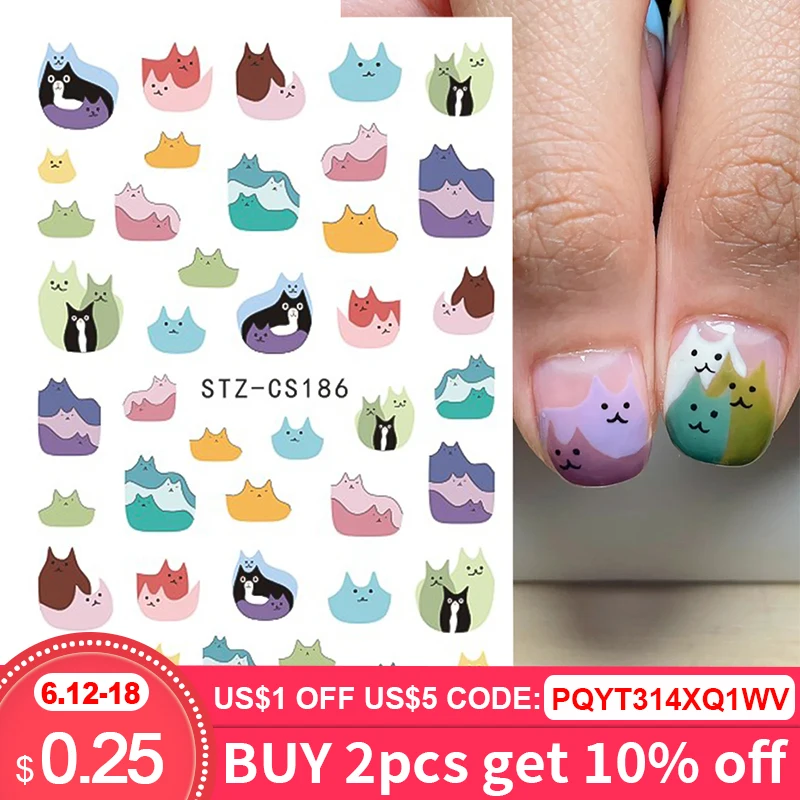 3D Cartoon Cute Cat Nail Childlike Stickers Kawaii Colorful Animals Series New Nail Art Tattoo Design Manicure Decal LASTZ-CS186