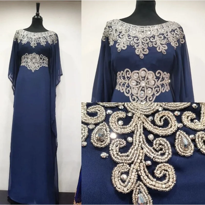 

Navy Blue Royal Islamic Modern Elegant Dubai Moroccan Long Shirt Arab Party Dress European and American Fashion Trends