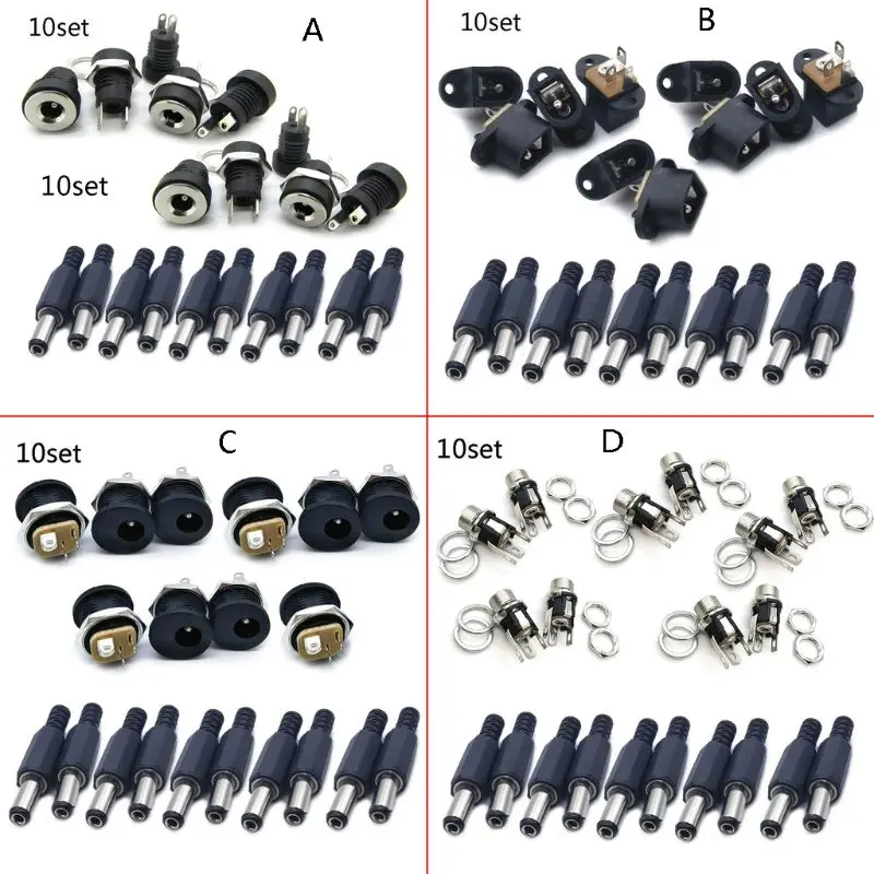

10 Pairs Male+Female 2.1x5.5MM DC Power Jack Plug Socket Adapter Connector PCB Panel Mount Connector Match Most Drop Shipping