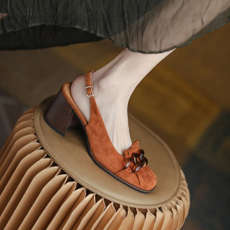 

2022 Women's sandals natural leather 22-25cm kid suede upper full leather tassel chain back strap platform sandals toe sandals