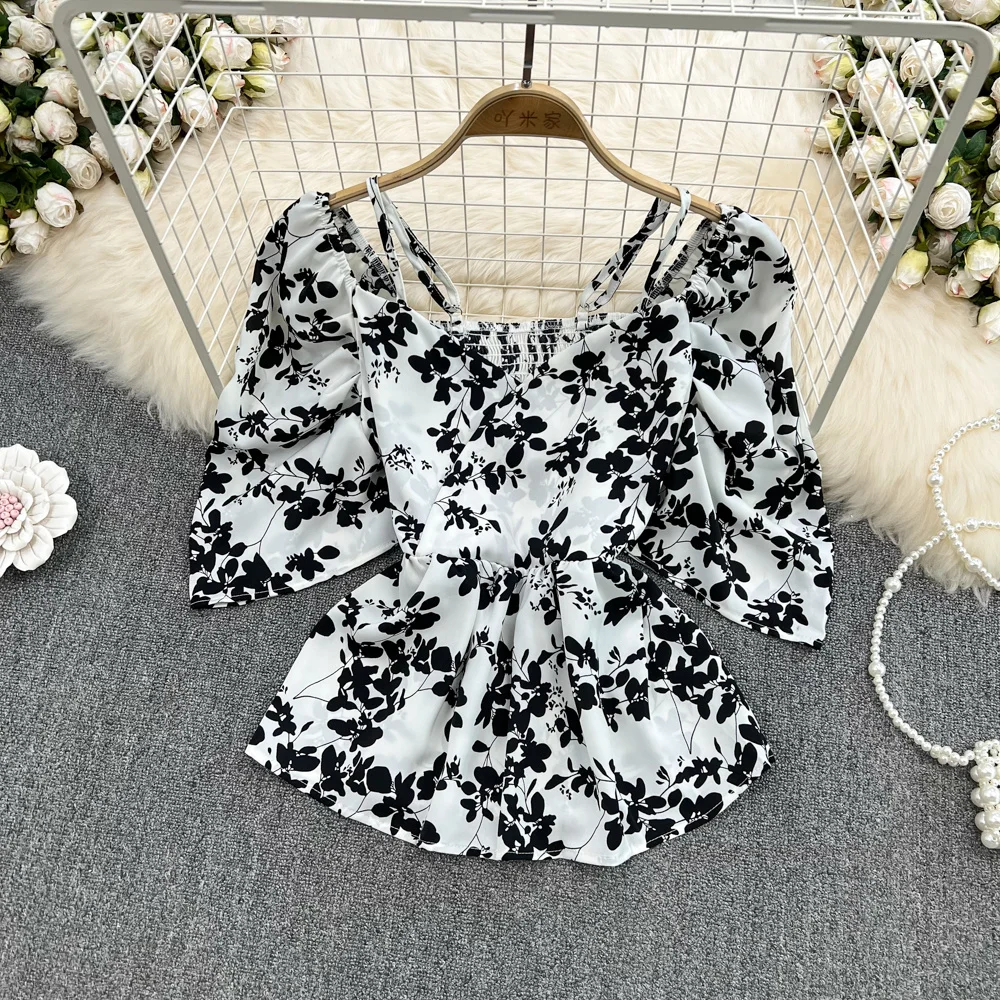 

Черная рубашка с цветочным принтом, Новинка лета, классическая блузка с коротким рукавом и принтом, женская шифоновая рубашка с квадратным ...