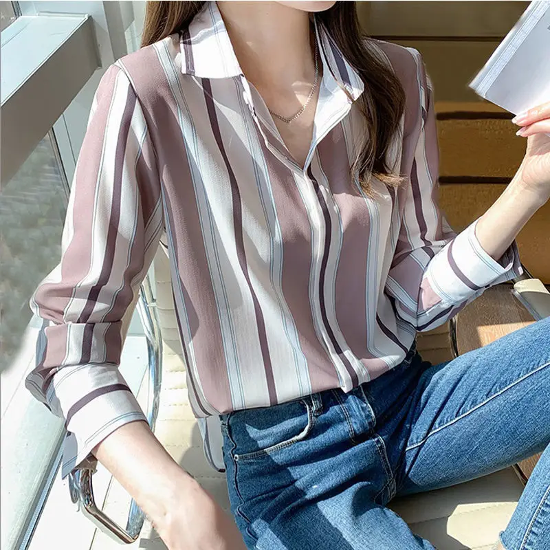 

Striped Shirt Autumn and Winter Women's Long-sleeved Chiffon Blouse Korean New Lapel Loose Bottoming Shirt Top