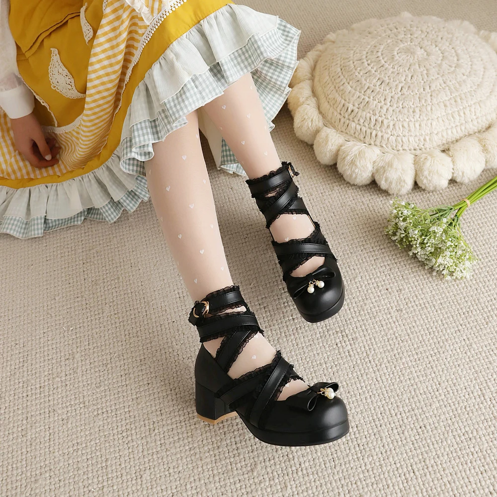 Cross Strap Women Chuncky High Heels Mary Jane Shoes Party Wedding Cosplay White Pink Ruffles Bow Princess Lolita Pumps 34-45