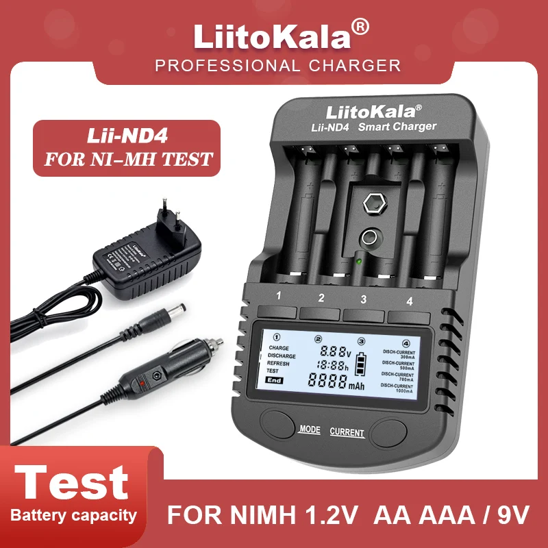 

Зарядное устройство LiitoKala Lii-ND4 NiMH/Cd, зарядное устройство AA AAA, ЖК-дисплей и проверка емкости аккумуляторов 9 В.