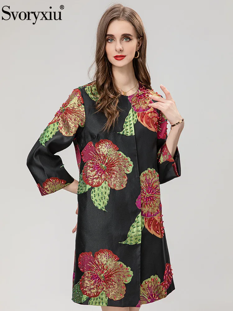 

Svoryxiu New Spring Fashion Vintage Flower Jacquard Long Blends Coat Women's Long Sleeve Covered Button Beading Blends Coat