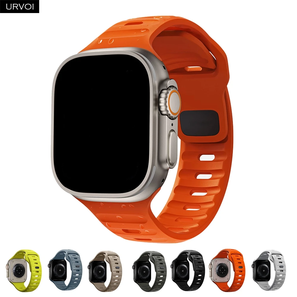 Фото Силиконовый ремешок URVOI для Apple Watch ultra 3 2 серии 11 10 9 8 7 6 SE, ремешок для iWatch 42 46 49 мм, дышащая застежка-булавка №1