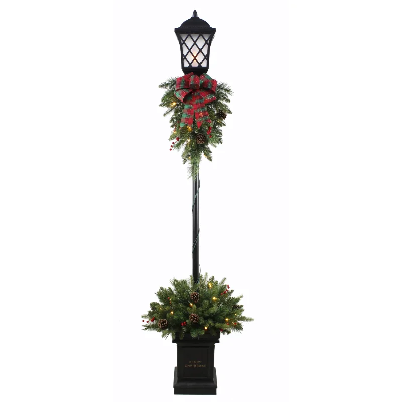 6-foot Pre-Lit Christmas Decorations Planter with Lighted Lamp Post 25 Warm White LED LIghts Artificial Evergreen Bush