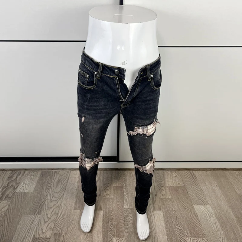 High Street Fashion Men Jeans Retro Black Blue Elastic Skinny Fit Ripped Jeans Men Patched Designer Hip Hop Brand Pants Hombre