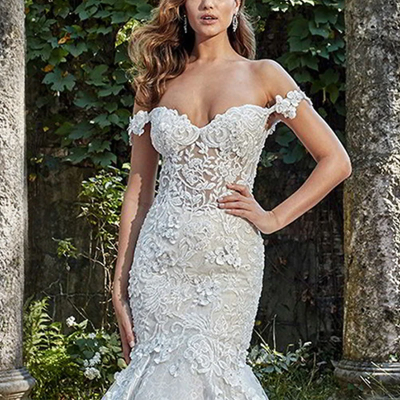 

Женское свадебное платье с открытыми плечами, романтичное платье с открытой спиной, на молнии, с кружевной аппликацией и шлейфом, 2022