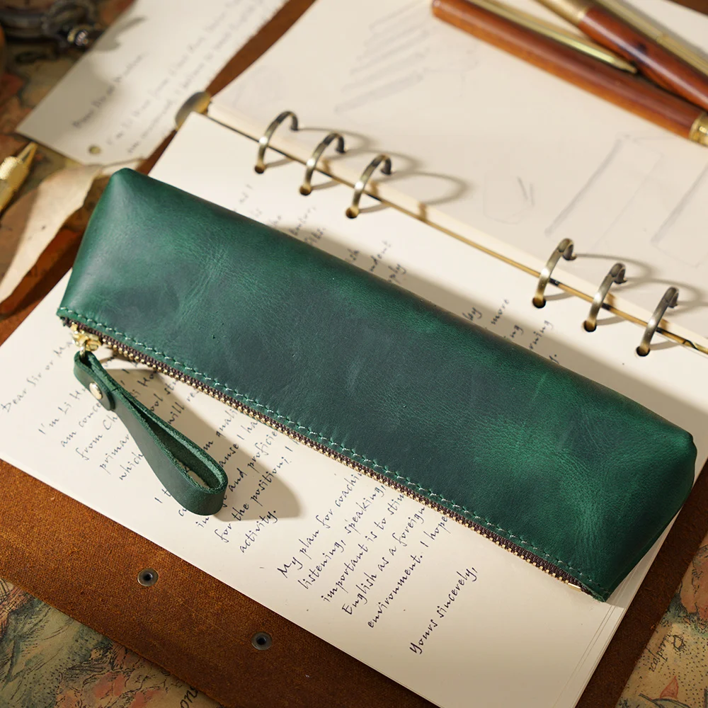 

Genuine Leather Pen Holder Vintage Zipper Pencil Bag Pouch Handmade Retro Creative School Students Stationary Pencil Case Box