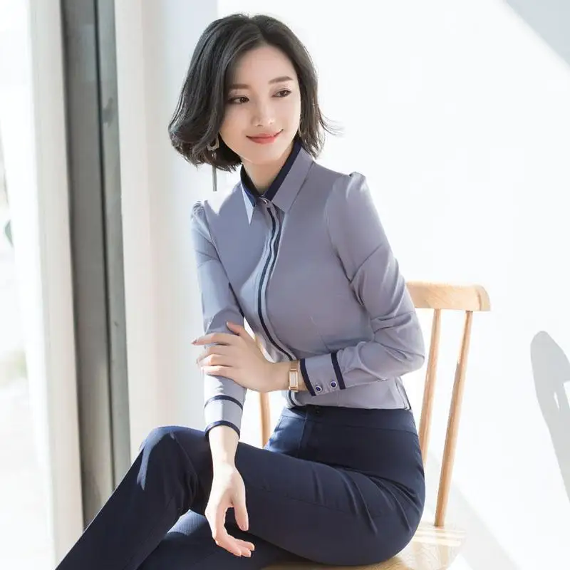 Turn-down Collar Blouse Autumn Office Lady Button Up Chiffon Women Shirts Loose Long Sleeve White Ladies Tops