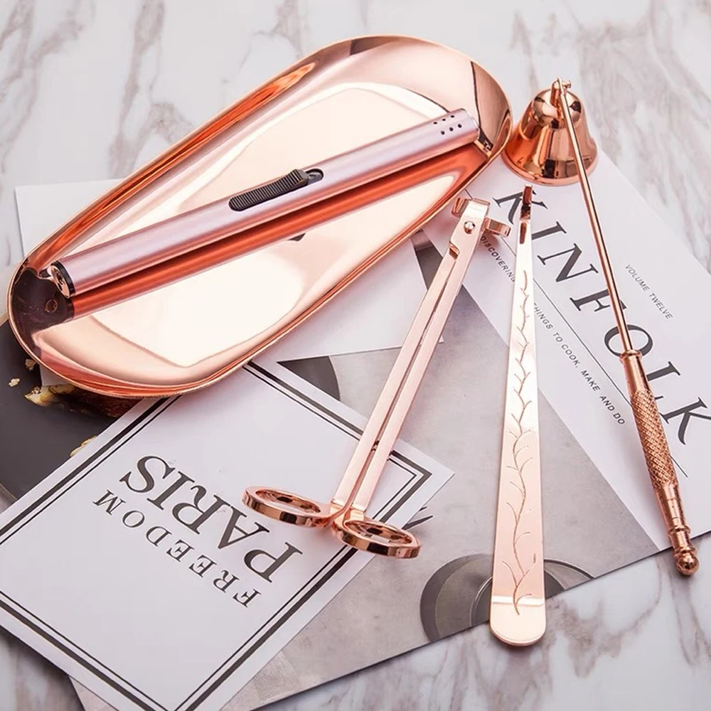

4pcs/set Candle Snuffer Trimmer Hook Tray Candle Scissors Stainless Steel Luxury Candle Accessories Home Decoration Rose Gold
