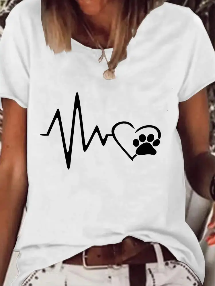 

Paw Cat Dog Love Sweet Short Sleeve Clothes Print T Shirt Basic Tee Women Clothing Fashion Graphic T-shirt Summer Kawaii Top