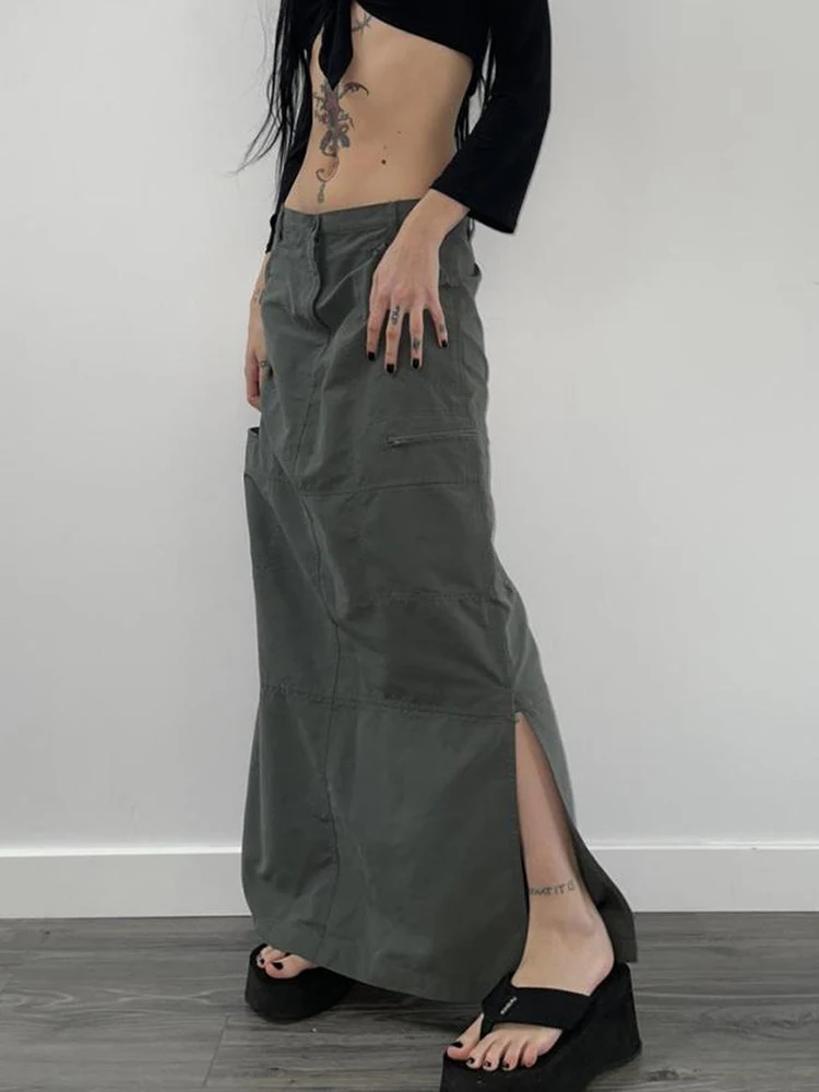 

WeiYao Harajuku Slit Cargo Long Skirts Y2K Low Waist Maxi Skirt Women'S Ankle-Length Skirt 2000s Retro Fairycore Grunge Outfit