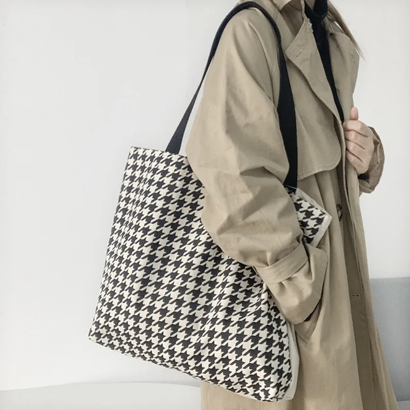 

Ins Shoulder Bags Female Vintage Houndstooth Print Canvas Underarm Bags Women Casual High Capacity Shopper Tote Bags Handbags
