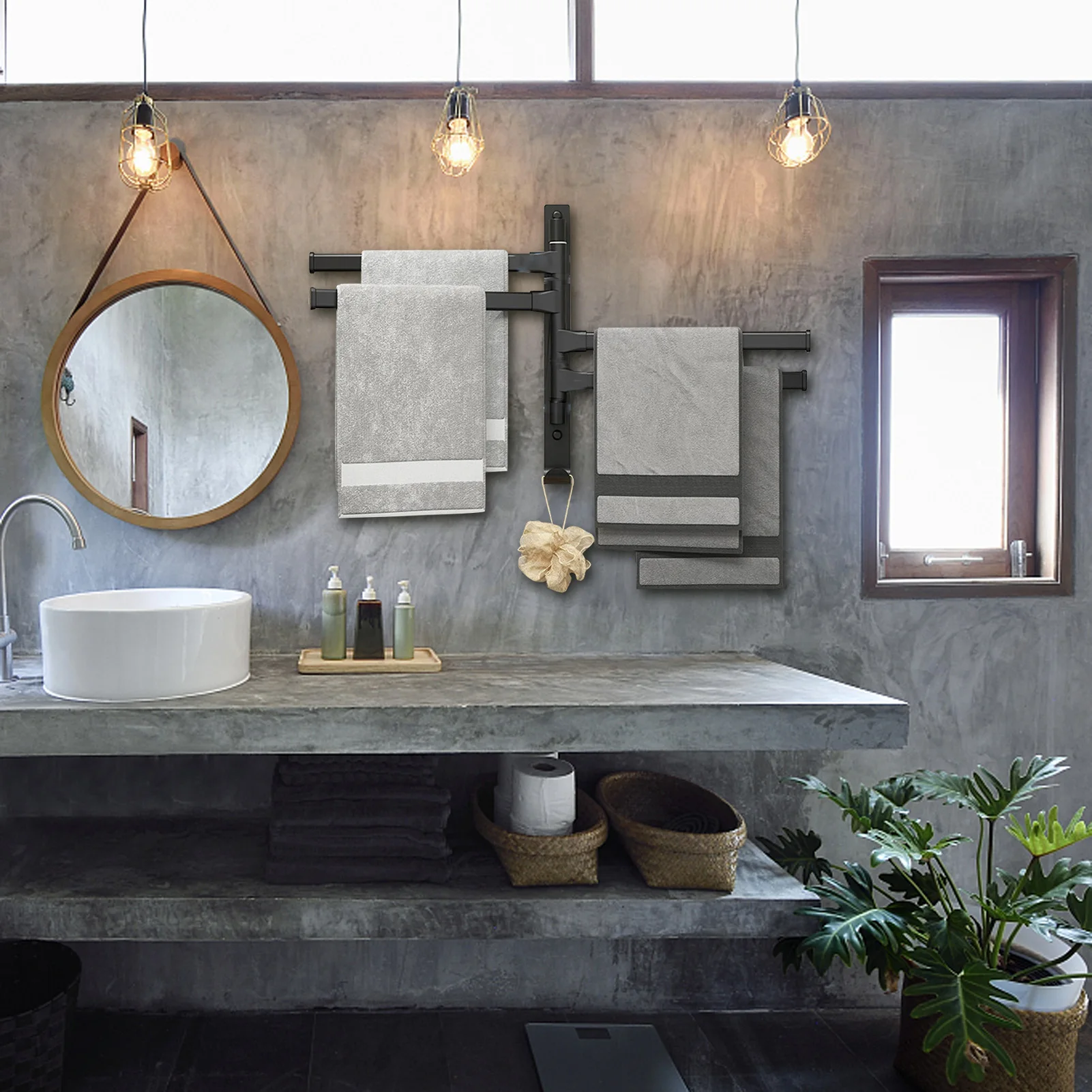 

Swivel Towel Rack Rotation Towel Hanger 4-Bar Folding Arm Swing Out Towel Bar Wall Mounted 4-in-1 Bathroom Storage Organizer