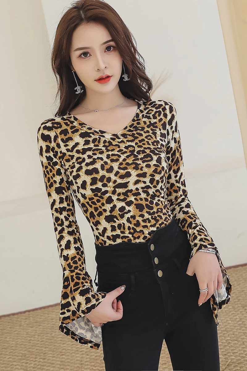 Latin Dance Shirt Female Long Sleeve Sexy Adult Clothing Lace Competition Performance Modern Practice Leopard Print Tops |