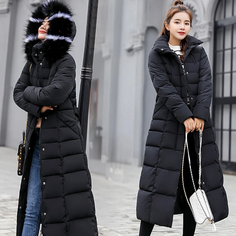 Women Winter Long Jacket Knee Coat Slim Warm Parka Hooded Fur Collar Long Coat Fashion Bow Belt Outwear Thick Coat