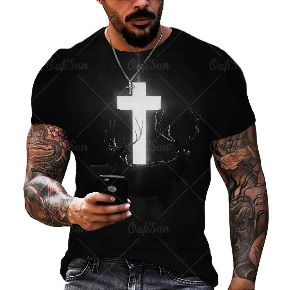 

Летняя мужская футболка с 3D-принтом Креста Иисуса, Модный повседневный топ с коротким рукавом, свободные крутые мужские футболки с круглым ...