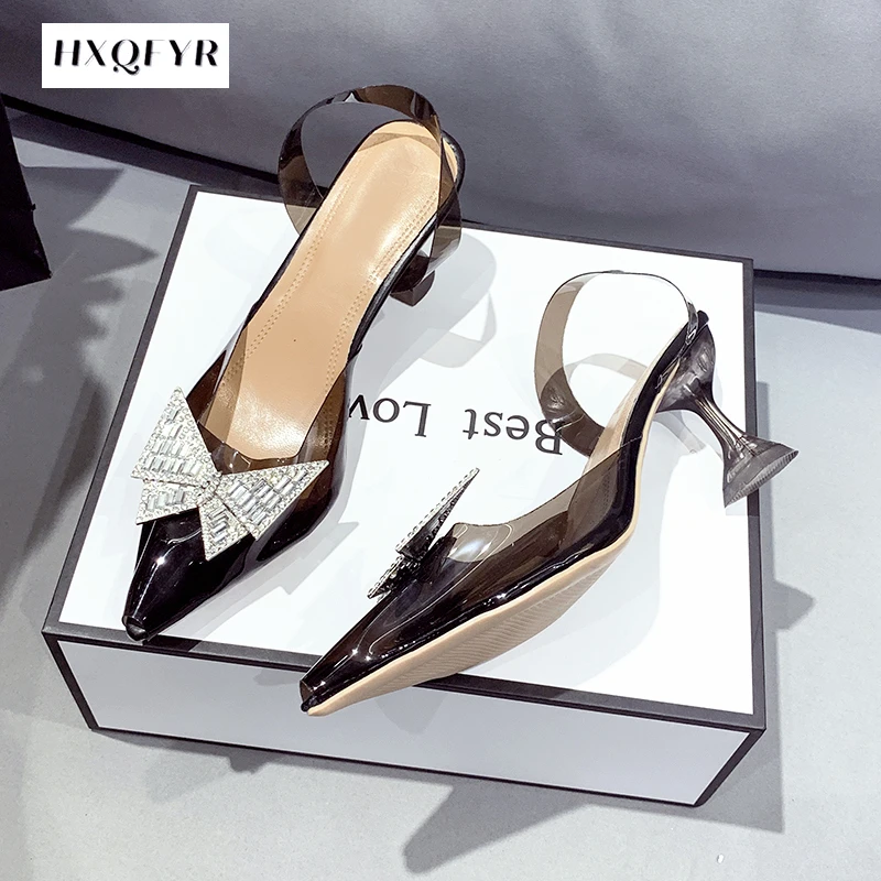 

Women Sandals 2022 Rhinestones Bowtie Color PVC Sandals Woman High Heels Back Strap Sandals Woma Pointed Toe Party Shoes Woman