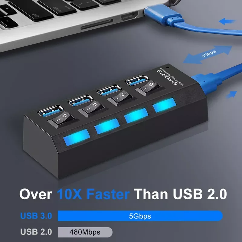 

New Fashion 3.0 Hub Multi USB HUB 7 Port OTG HUB Charge With Power Adapter LED USB Multi Ports Splitter for Computer PC Extender