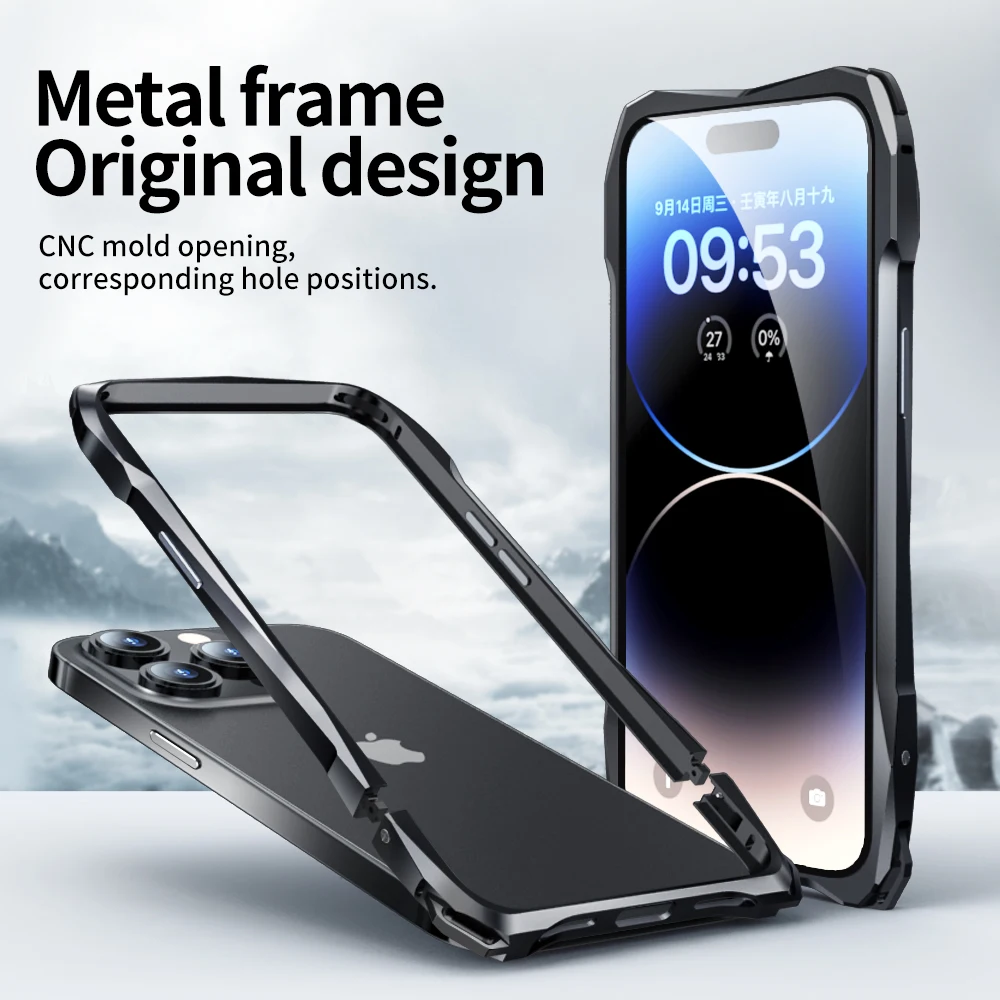 Luphie Metal Bumper For iphone 14 Pro Max Lightweight Aluminum Alloy Frame 14Plus 13 Shockproof Case Back Skin+Lens Protector