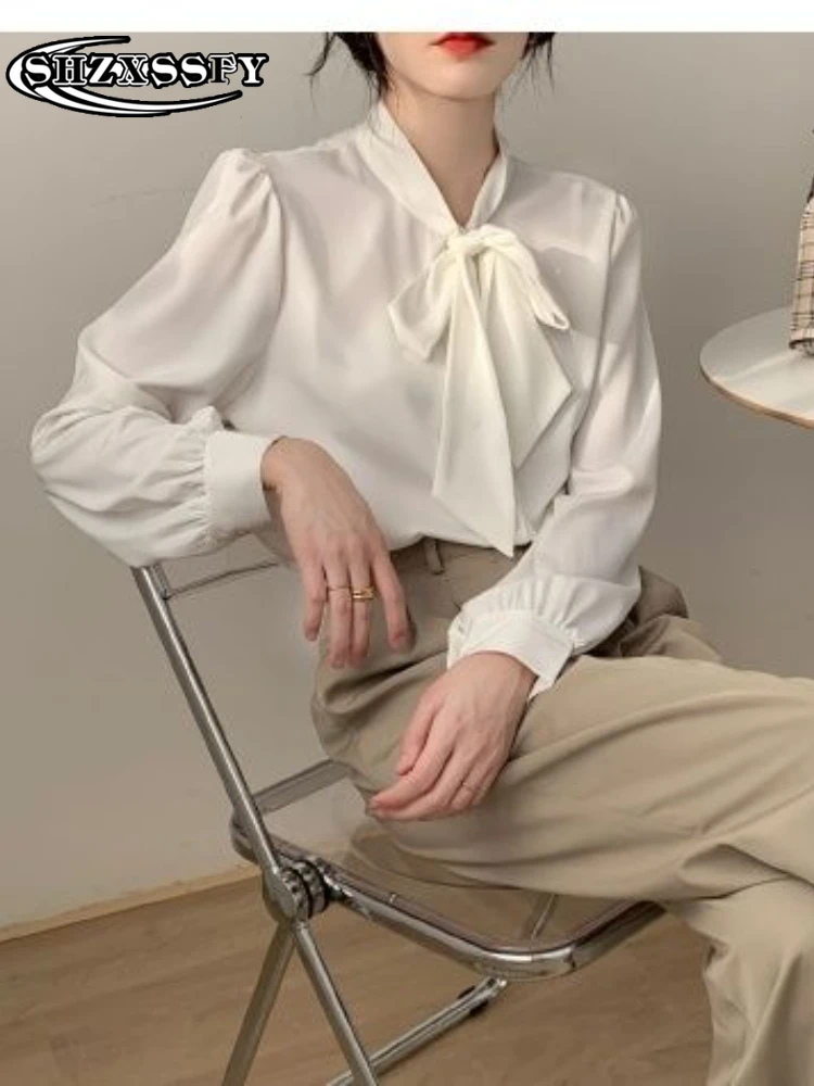 

Блузка женская шифоновая с бантом, элегантная дизайнерская рубашка с V-образным вырезом, модный однотонный топ с длинным рукавом, белый цвет...