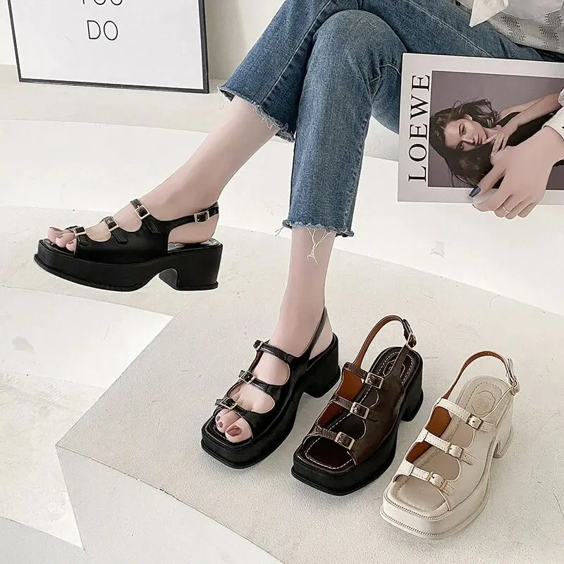 

Thick Heel Fish Mouth Sandals Women Genuine Leather 2022 Summer New Clip Toe Sandals Ladies Roman Women Shoes Muffin Sandals