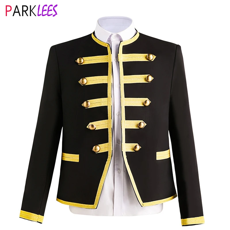 

Mens Black Drummer Parade Jacket Steampunk Military Blazer Jacket Stand Collar Double Breasted Stage Party Prom Singer Costumes