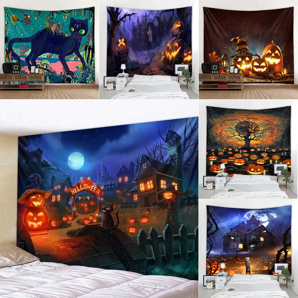 

Настенный гобелен в виде черепа, тыквы, фонаря на Хэллоуин, украшение на стену с привидениями, летучая мышь, страшный фон, украшение на стену для праздника