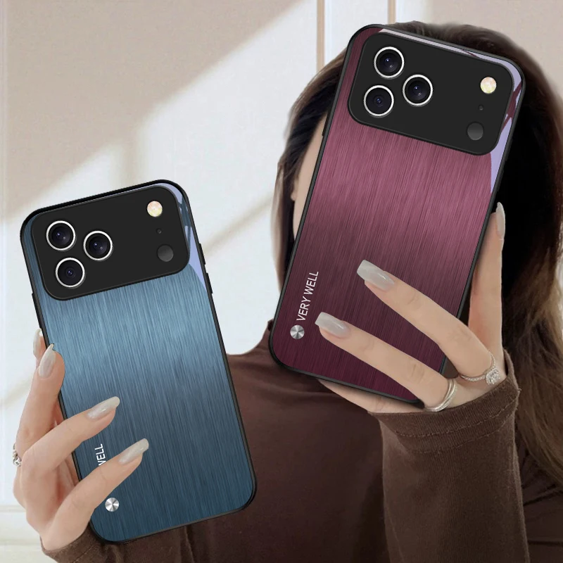 Фото Черный стеклянный чехол для iPhone 17 Pro Max, 16E, 15 Plus, 14 Pro, 13, 12 mini, 11 Air, XS Max, 5, 6, 7, 8 Plus, SE с эффектом минималистичной обработки металла №3